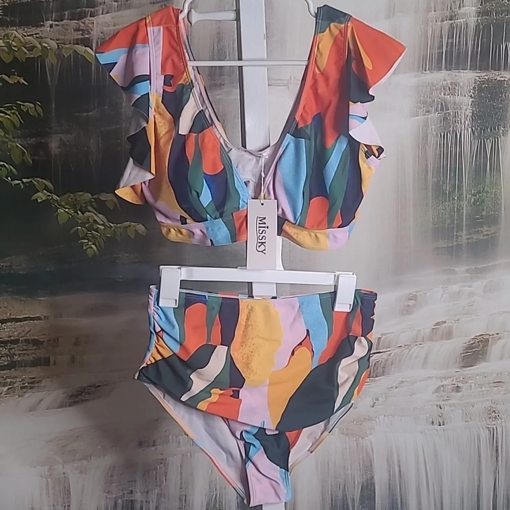 New with tags! Missky Womens XL colorful ruffle shoulder bikini swim suit